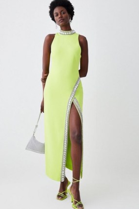 KAREN MILLEN Crystal Embellished Woven Thigh Split Maxi in Lime – sleeveless high slit evening dresses – light green long length occasion dress trimmed with crystals – party glamour – glamorous event clothes