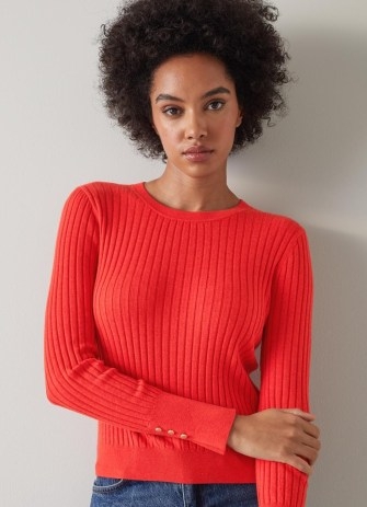 L.K. BENNETT Daisy Red Merino-Cotton Blend Ribbed Jumper – bright button cuff jumpers – vibrant knits – womens knitwear - flipped