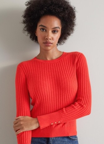 L.K. BENNETT Daisy Red Merino-Cotton Blend Ribbed Jumper – bright button cuff jumpers – vibrant knits – womens knitwear