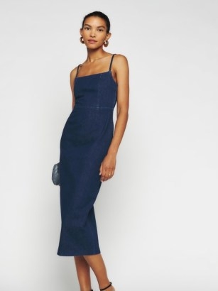 Reformation Delphinia Denim Midi Dress in Rinse – dark blue square neck spaghetti shoulder strap dresses - flipped