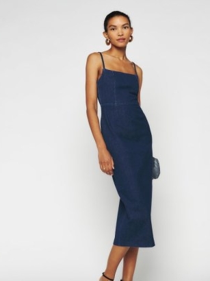 Reformation Delphinia Denim Midi Dress in Rinse – dark blue square neck spaghetti shoulder strap dresses