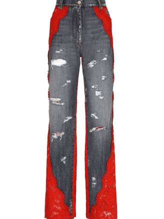 Dolce & Gabbana floral-lace wide-leg jeans in indigo blue/bright red | semi sheer lace backed jeans | womens distressed denim fashion - flipped