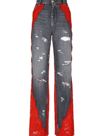 Dolce & Gabbana floral-lace wide-leg jeans in indigo blue/bright red | semi sheer lace backed jeans | womens distressed denim fashion