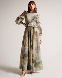 TED BAKER Dorathi Ruffle Detail Maxi Dress ~ floaty ruffled metallic thread occasion dresses ~ floral evening event fashion
