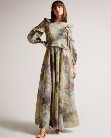 TED BAKER Dorathi Ruffle Detail Maxi Dress ~ floaty ruffled metallic thread occasion dresses ~ floral evening event fashion