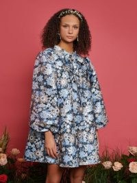 sister jane Wall Flower Jacquard Mini Dress in Navy Blue Silver / metallic floral oversized dresses / romance inspired fashion / voluminous long balloon sleeves / THE RODEO ROSE collection