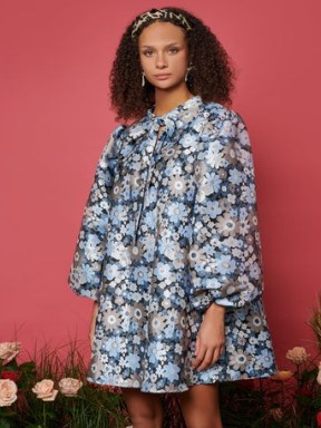 sister jane Wall Flower Jacquard Mini Dress in Navy Blue Silver / metallic floral oversized dresses / romance inspired fashion / voluminous long balloon sleeves / THE RODEO ROSE collection - flipped