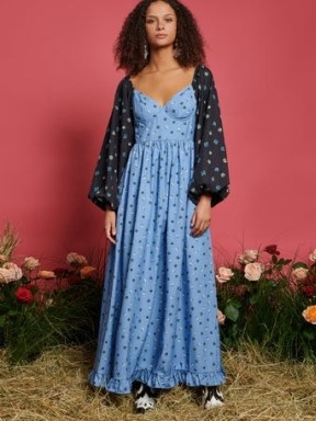 sister jane THE RODEO ROSE Saddle Floral Maxi Dress in Blue / long balloon sleeve ruffle hem dresses / tonal fashion - flipped
