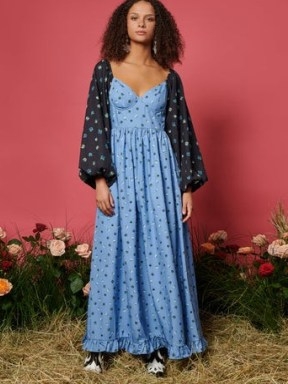 sister jane THE RODEO ROSE Saddle Floral Maxi Dress in Blue / long balloon sleeve ruffle hem dresses / tonal fashion