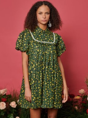 sister jane Canter Floral Mini Dress in Black / green and yellow puff sleeved ruffle edge loose fitting dresses - flipped