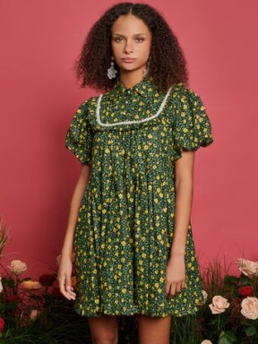 sister jane Canter Floral Mini Dress in Black / green and yellow puff sleeved ruffle edge loose fitting dresses