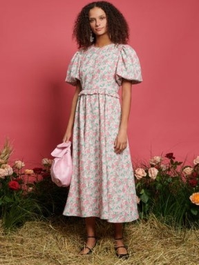 sister jane THE RODEO ROSE Grandiflora Midi Dress in Ivory Pink Floral / puff sleeve back tie detail dresses / ruffle trim waist - flipped