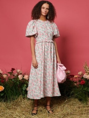 sister jane THE RODEO ROSE Grandiflora Midi Dress in Ivory Pink Floral / puff sleeve back tie detail dresses / ruffle trim waist