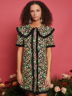 sister jane Garden Tapestry Mini Dress in Black / THE RODEO ROSE collection / floral oversized collar dresses / frayed trim - flipped