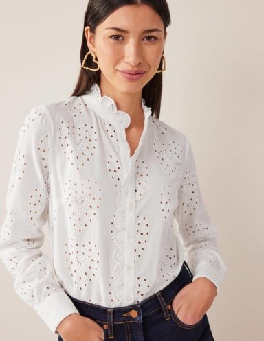 BODEN Easy Broderie Shirt White – womens scalloped shirts – embroidered heart shaped cutout blouse – high neck cut out detail blouses - flipped