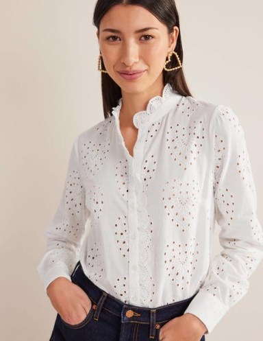 BODEN Easy Broderie Shirt White – womens scalloped shirts – embroidered heart shaped cutout blouse – high neck cut out detail blouses
