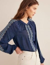 Boden Easy Embroidered Popover in Navy / dark blue floral trim tops