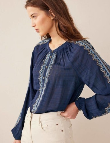 Boden Easy Embroidered Popover in Navy / dark blue floral trim tops - flipped