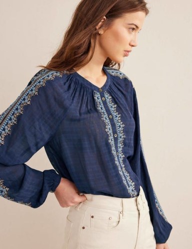 Boden Easy Embroidered Popover in Navy / dark blue floral trim tops