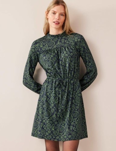 Boden Easy Yoke Mini Jersey Dress in Broad Bean, Tropic Charm / long sleeved floral print tie waist dresses - flipped
