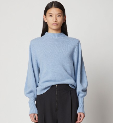 Proenza Schouler Eco Cashmere Balloon Sleeve Sweater in Light Blue | soft drapey relaxed fit sweaters | women’s volume sleeve turtleneck jumpers - flipped