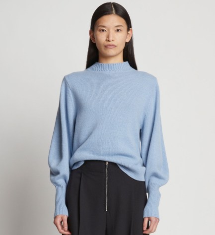 Proenza Schouler Eco Cashmere Balloon Sleeve Sweater in Light Blue | soft drapey relaxed fit sweaters | women’s volume sleeve turtleneck jumpers