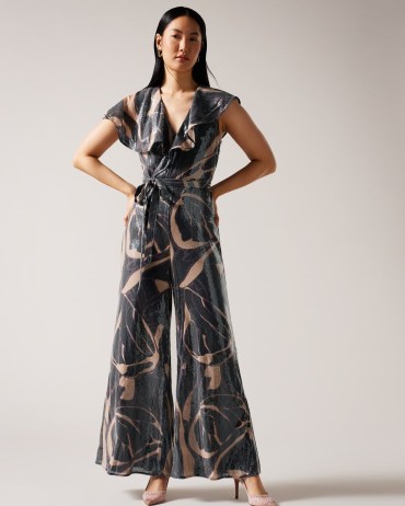 TED BAKER Edennie Printed Sequin Ruffle Jumpsuit in Black ~ sequinned flutter sleeve jumpsuits ~ tie waist ~ wide leg ~ glittering evening all-in-one fashion ~ ruffled party clothes - flipped