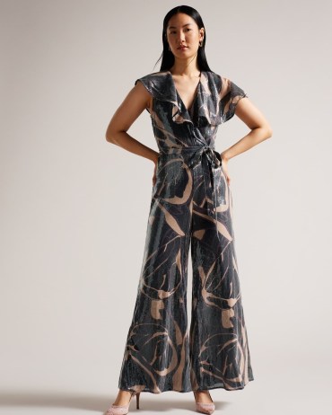 TED BAKER Edennie Printed Sequin Ruffle Jumpsuit in Black ~ sequinned flutter sleeve jumpsuits ~ tie waist ~ wide leg ~ glittering evening all-in-one fashion ~ ruffled party clothes
