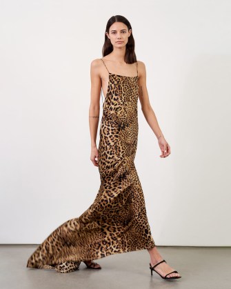 NILI LOTAN ELIZABETH LEOPARD GOWN in Brown – silk animal print maxi slip dresses with long train – open back occasion fashion – skinny shoulder straps – strappy evening event clothes - flipped
