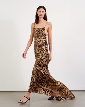 NILI LOTAN ELIZABETH LEOPARD GOWN in Brown – silk animal print maxi slip dresses with long train – open back occasion fashion – skinny shoulder straps – strappy evening event clothes
