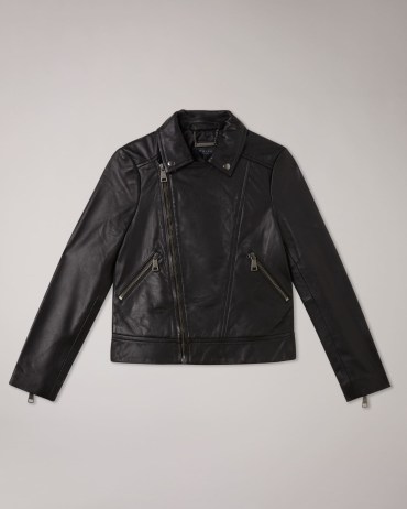 TED BAKER Ellaar Fitted Leather Biker Jacket in Black ~ womens zip and stud detail jackets - flipped