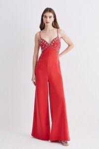 KAREN MILLEN Embellished Lace Mix Strappy Woven Jumpsuit in Raspberry – pink red skinny shoulder strap jumpsuits – glamorous sleeveless wide leg all-in-one – occasion glamour