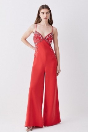 KAREN MILLEN Embellished Lace Mix Strappy Woven Jumpsuit in Raspberry – pink red skinny shoulder strap jumpsuits – glamorous sleeveless wide leg all-in-one – occasion glamour - flipped