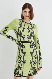 KAREN MILLEN Embellished Slinky Jacquard Knitted Mini Dress in Bright Green ~ long sleeve knit occasion dresses ~ responsibly sourced viscose