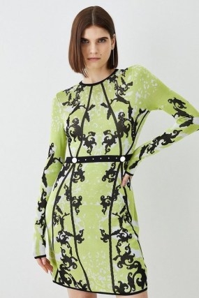 KAREN MILLEN Embellished Slinky Jacquard Knitted Mini Dress in Bright Green ~ long sleeve knit occasion dresses ~ responsibly sourced viscose - flipped