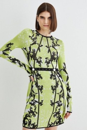 KAREN MILLEN Embellished Slinky Jacquard Knitted Mini Dress in Bright Green ~ long sleeve knit occasion dresses ~ responsibly sourced viscose