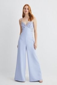 KAREN MILLEN Embellished Strappy Wide Leg Woven Jumpsuit in Blue ~ skinny shoulder strap jumpsuits with crystals ~ plunge front all-in-one occasion fashion ~ glamorous party clothes