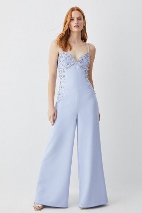 KAREN MILLEN Embellished Strappy Wide Leg Woven Jumpsuit in Blue ~ skinny shoulder strap jumpsuits with crystals ~ plunge front all-in-one occasion fashion ~ glamorous party clothes - flipped
