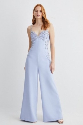 KAREN MILLEN Embellished Strappy Wide Leg Woven Jumpsuit in Blue ~ skinny shoulder strap jumpsuits with crystals ~ plunge front all-in-one occasion fashion ~ glamorous party clothes