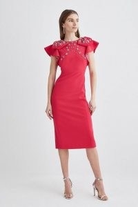 KAREN MILLEN Embellished Stretch Woven Midi Dress in Hot Pink ~ occasion pencil dresses with ruffled cap sleeves ~ short ruffle sleeve ~