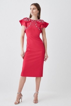 KAREN MILLEN Embellished Stretch Woven Midi Dress in Hot Pink ~ occasion pencil dresses with ruffled cap sleeves ~ short ruffle sleeve ~ - flipped