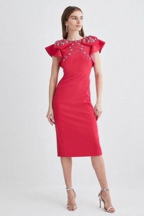 KAREN MILLEN Embellished Stretch Woven Midi Dress in Hot Pink ~ occasion pencil dresses with ruffled cap sleeves ~ short ruffle sleeve ~