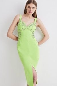 KAREN MILLEN Embellished Stretch Woven Midi Dress in Apple Green ~ sleeveless front slit pencil dresses ~ glamorous occasionwear