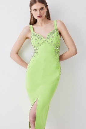 KAREN MILLEN Embellished Stretch Woven Midi Dress in Apple Green ~ sleeveless front slit pencil dresses ~ glamorous occasionwear - flipped