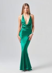 Retrofête EVE DRESS in Emerald | green plunge front maxi dresses | plunging occasion fashion | silky deep cowl neckline evening event gowns