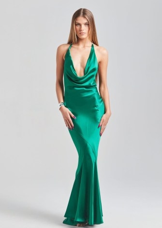 Retrofête EVE DRESS in Emerald | green plunge front maxi dresses | plunging occasion fashion | silky deep cowl neckline evening event gowns - flipped