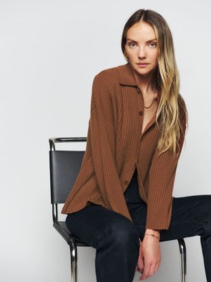 Reformation Fantino Cashmere Collared Cardigan in Cinnamon ~ luxury brown drop shoulder cardigans ~ luxe soft feel knitwear - flipped