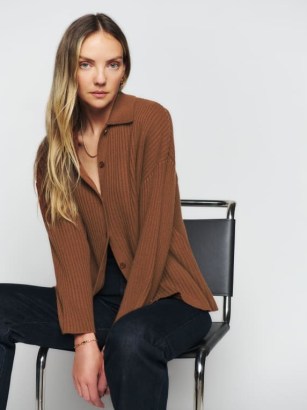 Reformation Fantino Cashmere Collared Cardigan in Cinnamon ~ luxury brown drop shoulder cardigans ~ luxe soft feel knitwear