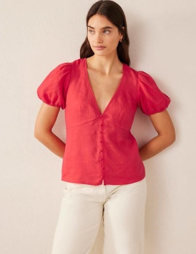 Boden Fitted Linen V-neck Top in Strawberry Tart | womens puff sleeve tops | women’s puffed sleeved fashion - flipped