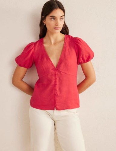 Boden Fitted Linen V-neck Top in Strawberry Tart | womens puff sleeve tops | women’s puffed sleeved fashion